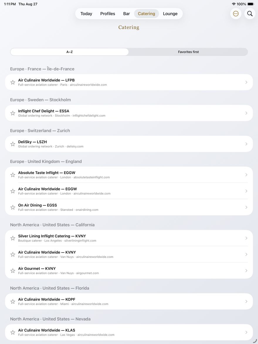 Catering directory organized by continent, country, and state