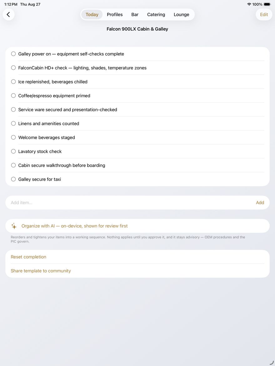 Falcon 900LX cabin and galley checklist