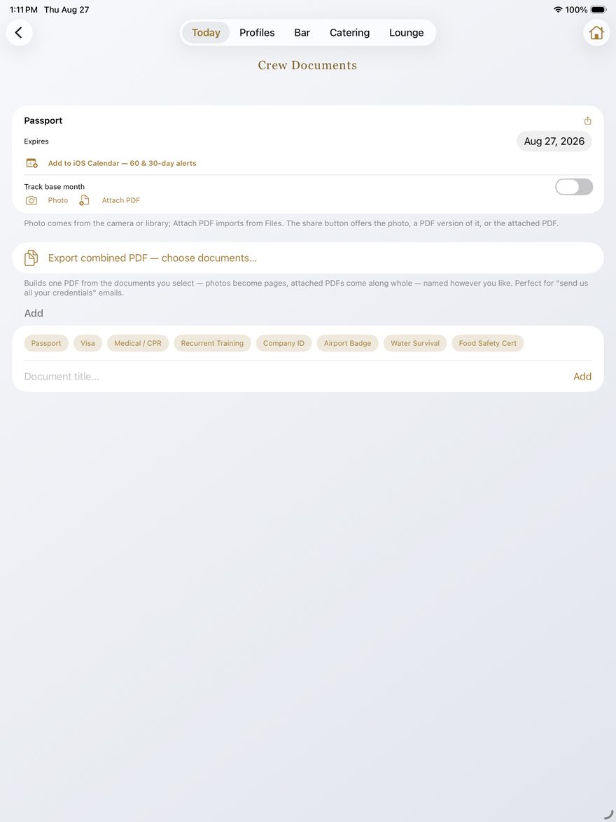 Crew documents with expiration tracking, calendar alerts, and combined PDF export