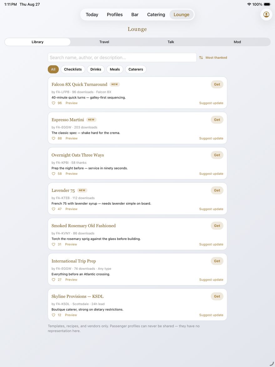 The Lounge community library of vetted checklists, recipes, and vendors