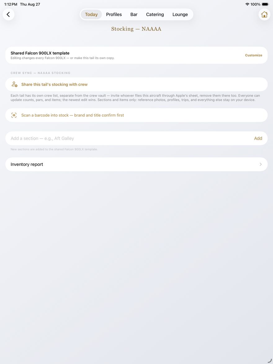 Stocking screen with shared template and crew sync
