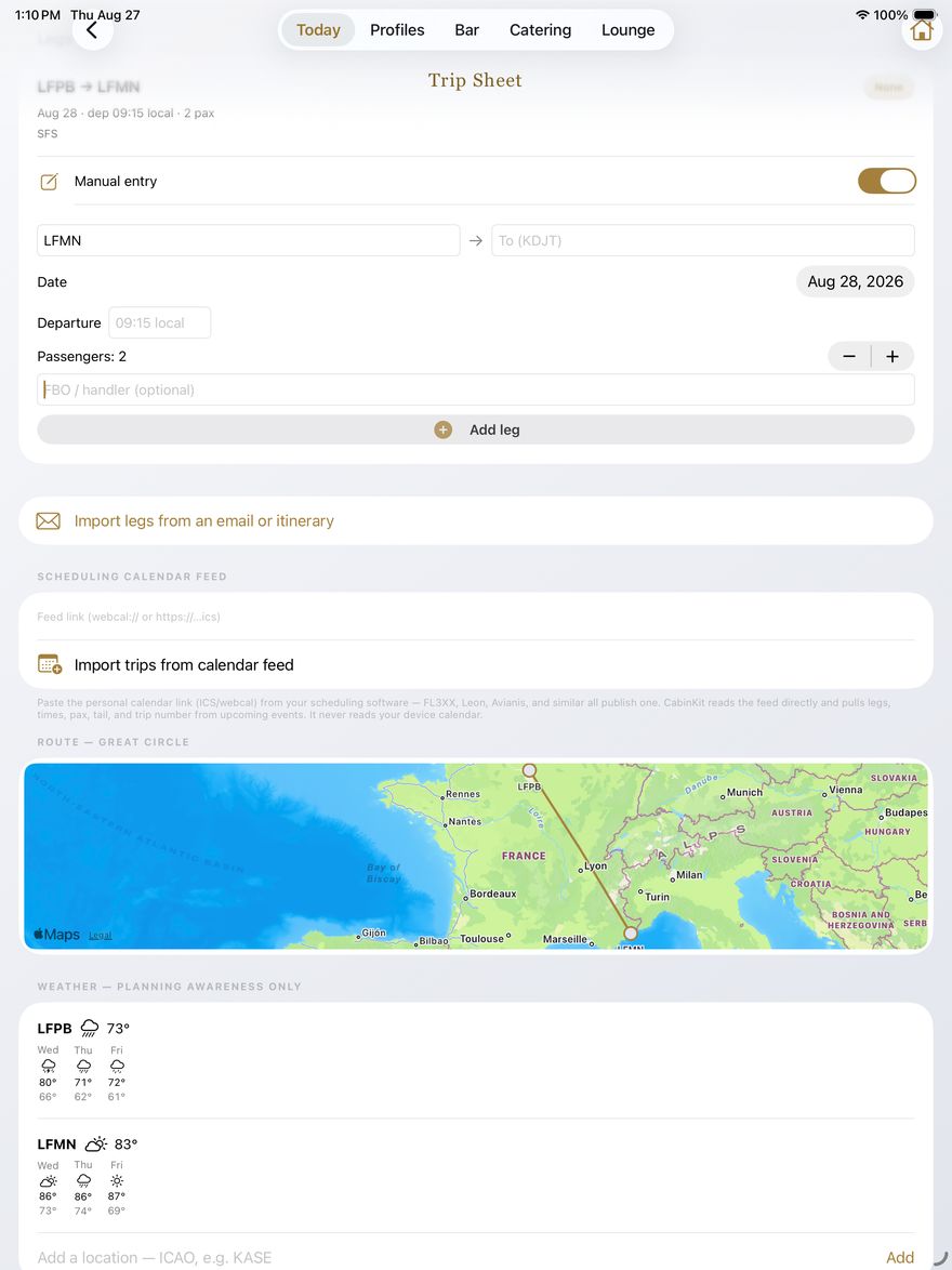 Trip Sheet with manual leg entry, calendar feed import, great-circle route map, and per-airport weather
