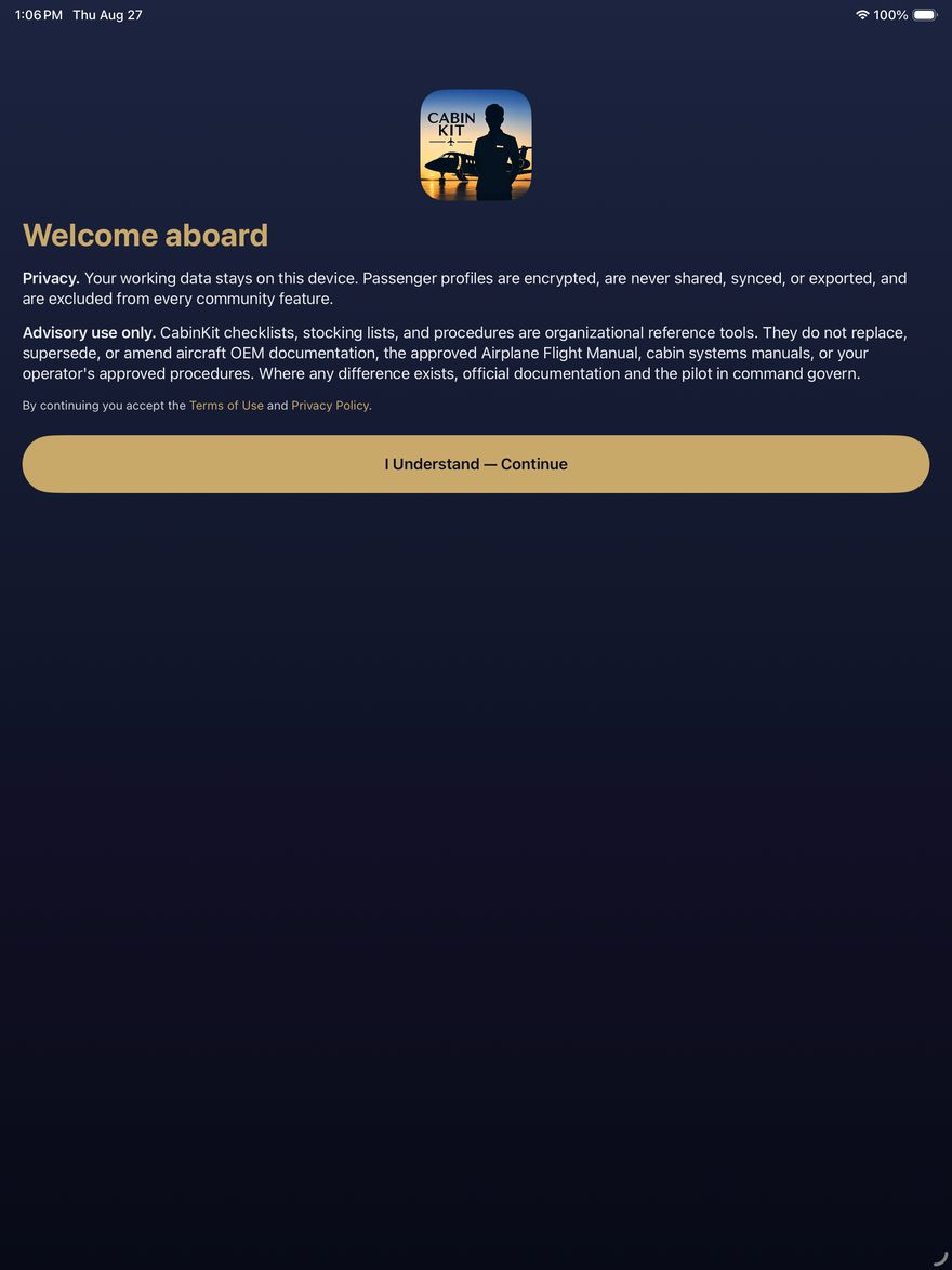 CabinKit welcome screen with privacy and advisory-use commitments